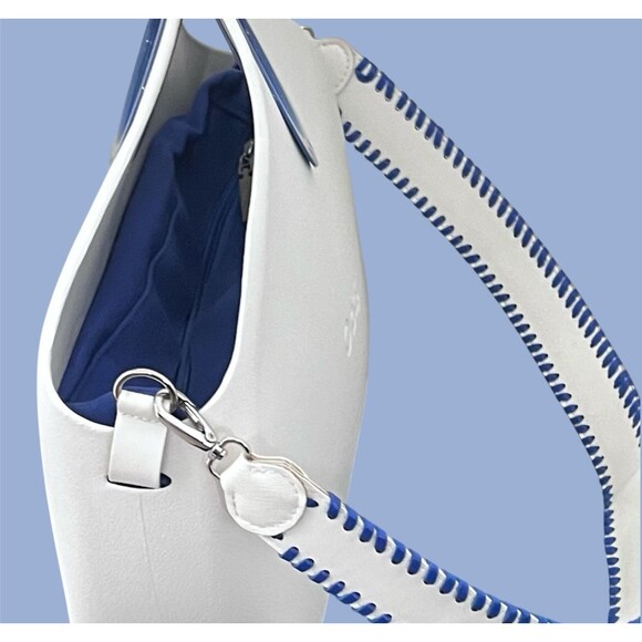 O bag Classic White Shell Blue Handles Liner Whipstitch Strap Modular Italy - Picture 5 of 16
